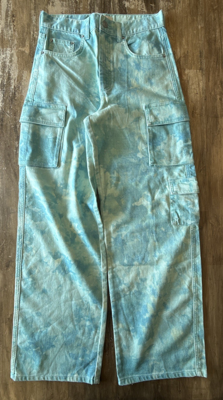 Baykan Denim Tie‑Dye Cargo High Rise Pants Blue Sky Cloud Wide Leg Utility M EUC